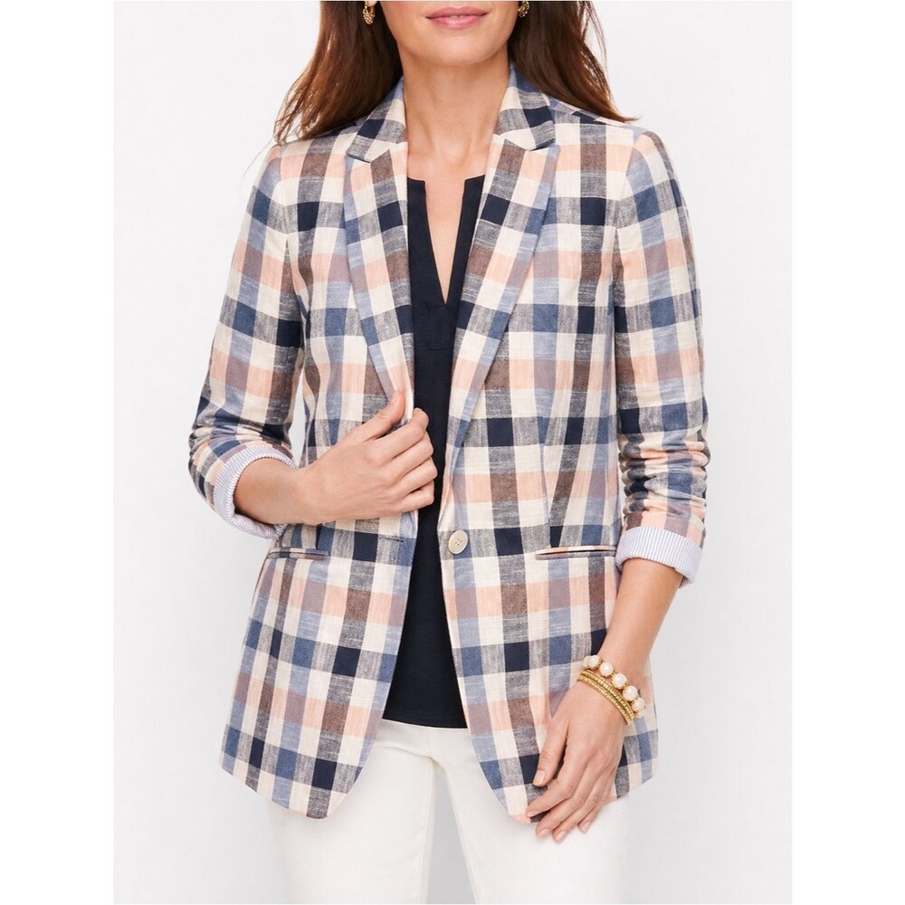 NWT Talbots Plaid Blazer Petite Size 2P Blue Pink Cotton Preppy Spring Jacket